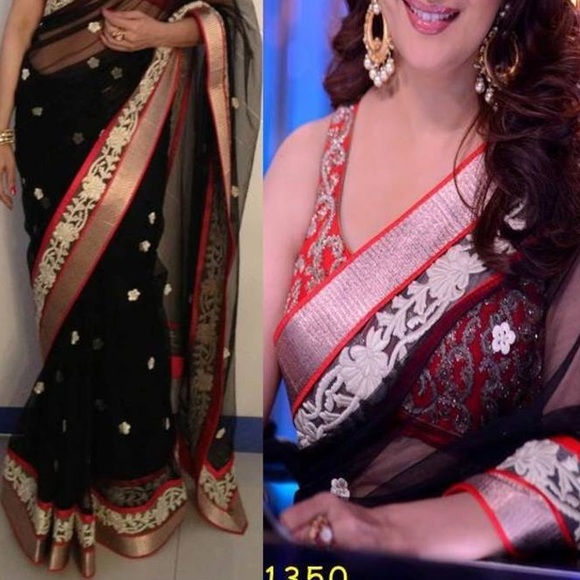 Black, red and white net sari - Picture 2 of 2